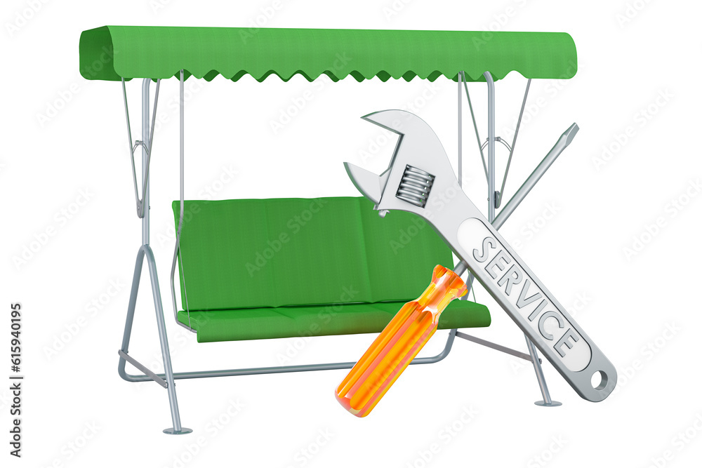 Garden swing with screwdriver and wrench, 3D rendering Garden swing with screwdriver and wrench, 3D rendering