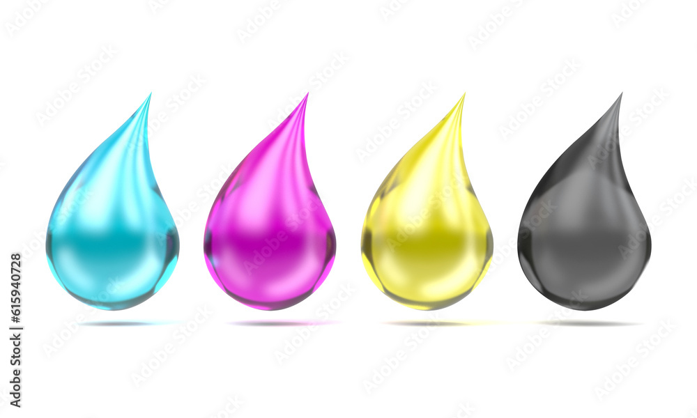 CMYK ink droplets sign. 3D render illustration isolated on white background CMYK ink droplets sign. 3D render illustration isolated on white background