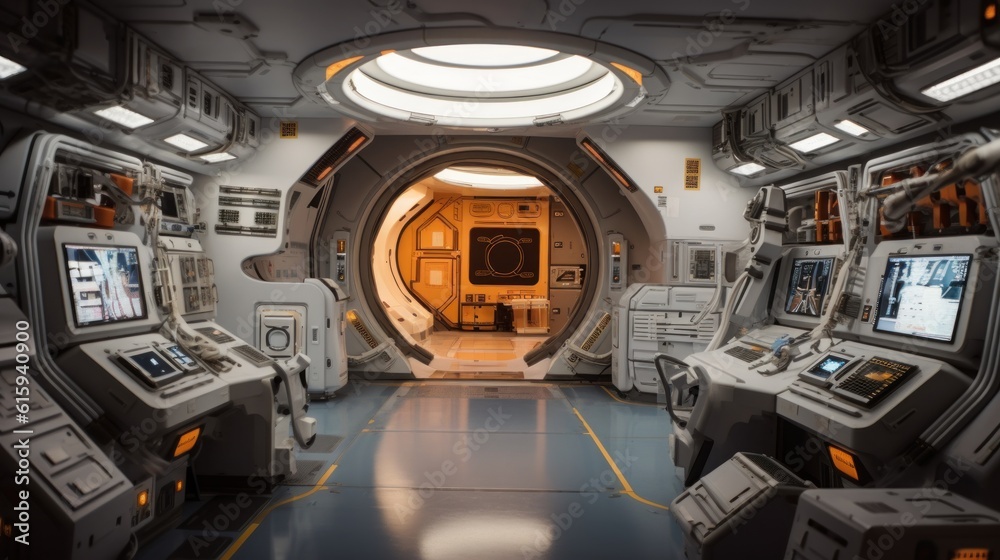 Interior of a space station, complete with control rooms, zero - gravity areas, and advanced technology Interior of a space station, complete with control rooms, zero - gravity areas, and advanced technology