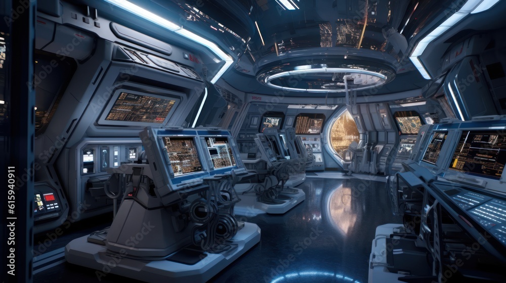 Fototapeta premium Interior of a space station, complete with control rooms, zero - gravity areas, and advanced technology