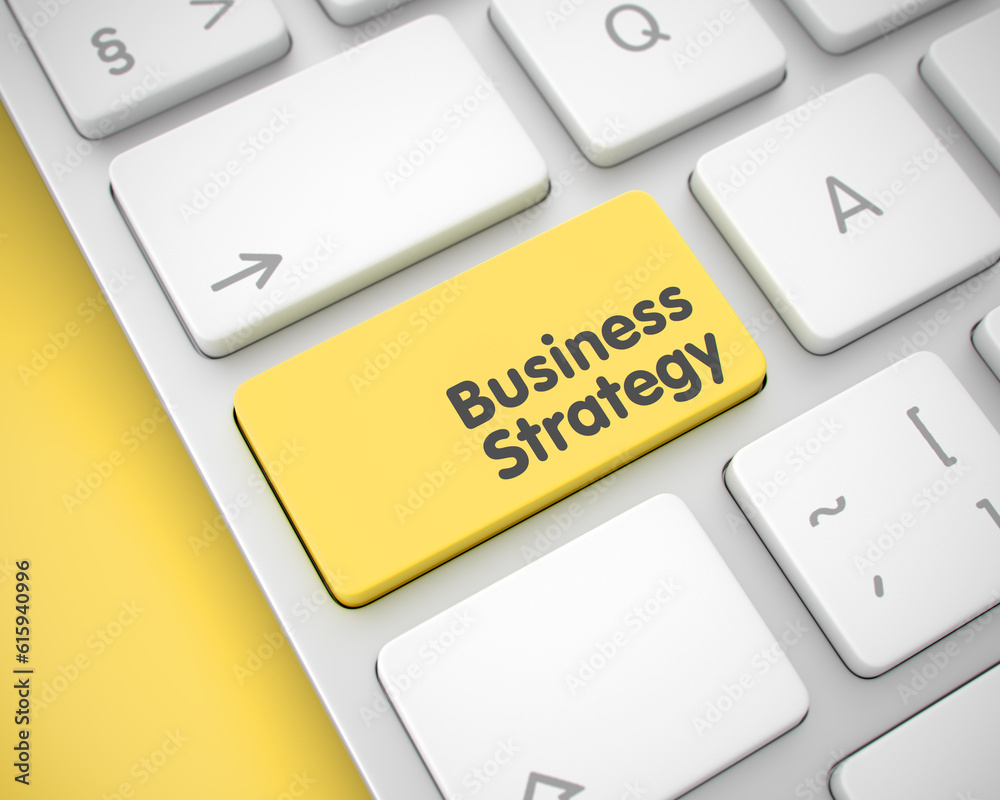 Conceptual Keyboard Keypad Showing the MessageBusiness Strategy. Message on Keyboard Yellow Button. Close View View on the Conceptual Keyboard - Business Strategy Yellow Button. 3D Render. Conceptual Keyboard Keypad Showing the MessageBusiness Strategy. Message on Keyboard Yellow Button. Close View View on the Conceptual Keyboard - Business Strategy Yellow Button. 3D Render.
