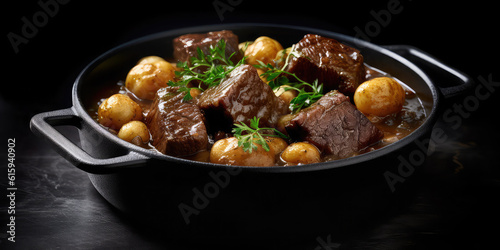 Potato stew with meat. Large mouth-watering pieces of stew, new potatoes and greens in a cast-iron skillet. AI generated