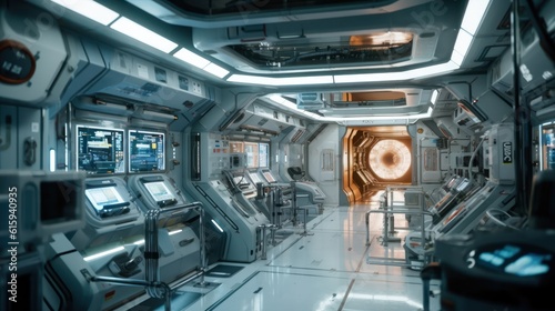 Photographie Interior of a space station, complete with control rooms, zero - gravity areas,