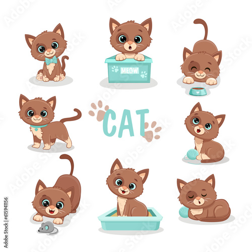 Fototapeta Naklejka Na Ścianę i Meble -  Set of funny cute cats in different poses in cartoon style. Brown kitten. Vector illustration
