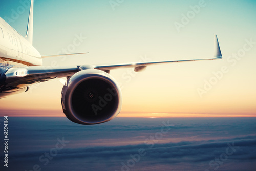 Fast aircraft flight over the clouds during sunrise