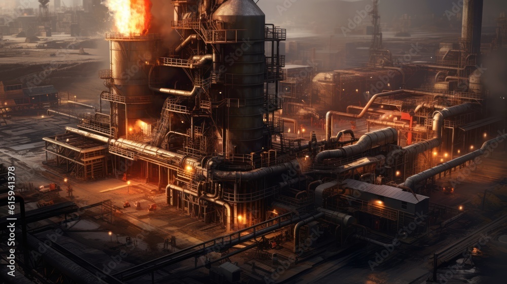 Massive industrial factory setting, with massive machinery, conveyor belts, and smokestacks billowing steam Massive industrial factory setting, with massive machinery, conveyor belts, and smokestacks billowing steam