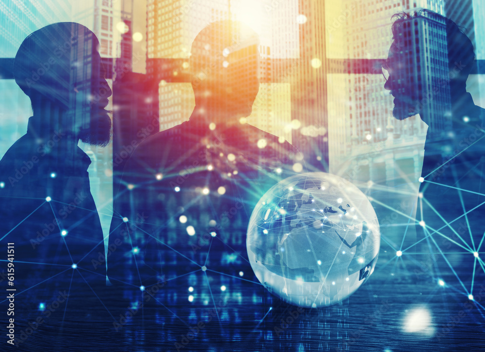 Business people work together in office with global network connection effect. Concept of teamwork and partnership. double exposure Business people work together in office with global network connection effect. Concept of teamwork and partnership. double exposure