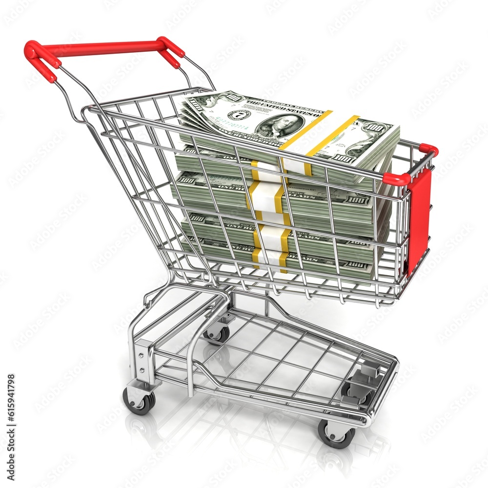 Money, dollar cash banknote, in trolley shopping cart. 3D rendering isolated on white background