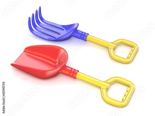 Plastic toy spade and rake. 3D render illustration isolated on white background