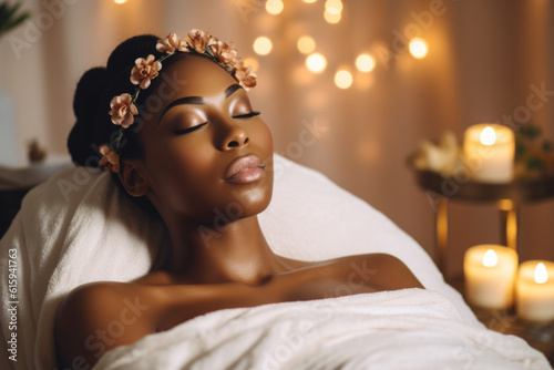 black woman enjoying her time in peaceful spa salon. beauty, wellness, and self-love. Generative AI Technology.
