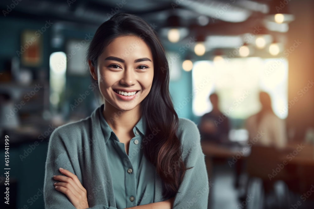 Beautiful young woman with big smile on her face, radiating happiness and joy. From her bright, sparkling eyes to flawless complexion and well-groomed appearance. Generative AI Technology.