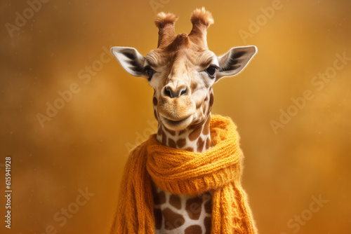 Giraffe wearing warm and cozy scarf, enjoying beautiful autumn day in sunshine. Seasonal changes or cozy autumn days. Generative AI Technology.