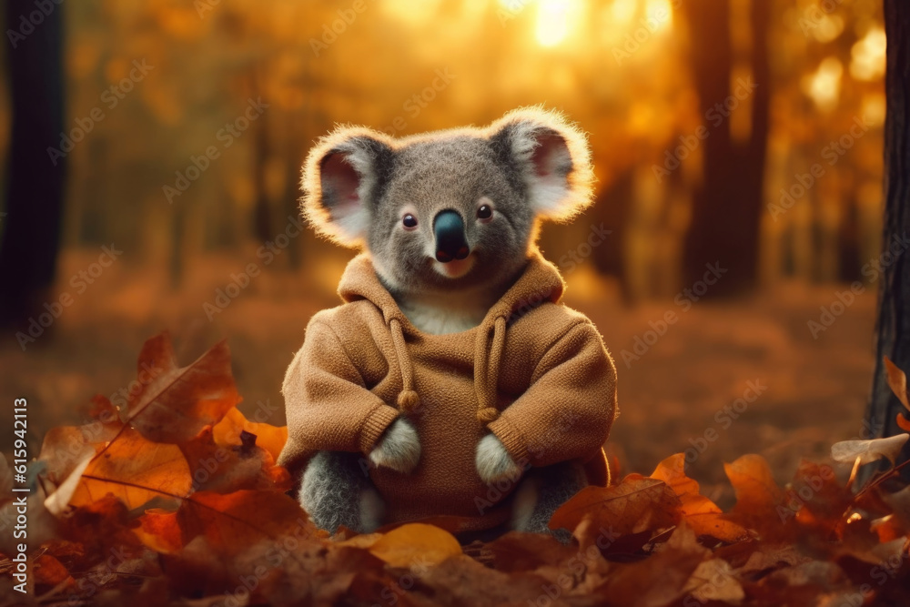 Nature of koala lazing about in cozy hoodie in autumnal forest. Its soft gray fur contrasting with vibrant yellow and red leaves scattered around it. Generative AI Technology.