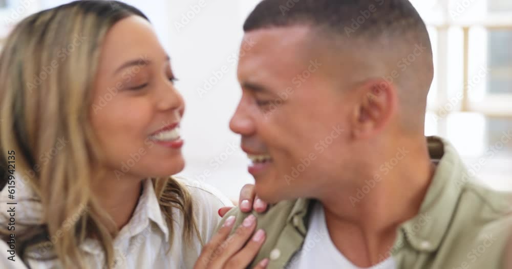 Young couple, selfie and smile in home with love, bond and kiss with comic laugh, joke or post on blog. Man, woman and happy for memory, profile picture or photography for social network app in house Young couple, selfie and smile in home with love, bond and kiss with comic laugh, joke or post on blog. Man, woman and happy for memory, profile picture or photography for social network app in house