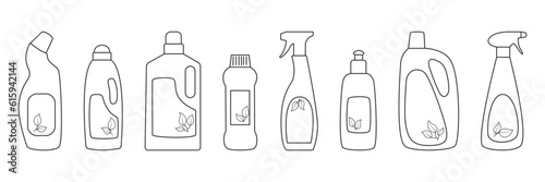 Collection of outline eco friendly cleaning products. Set of  Natural detergents for home cleaning. Household organic product