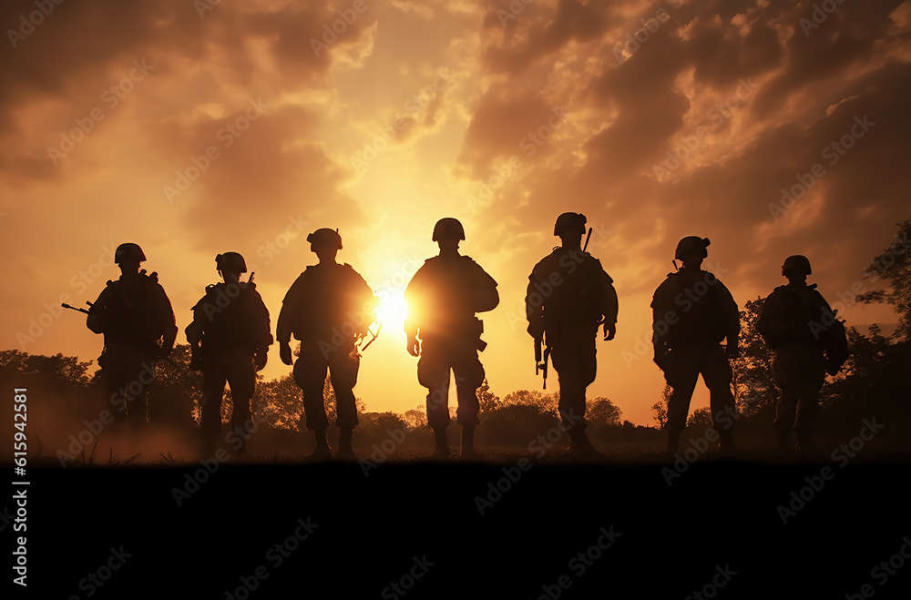 A squad of soldiers walking across the landscape silhouetted against the rising sun. Generative AI. A squad of soldiers walking across the landscape silhouetted against the rising sun. Generative AI.