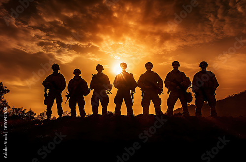 A squad of soldiers walking across the landscape silhouetted against the rising sun.  Generative AI.