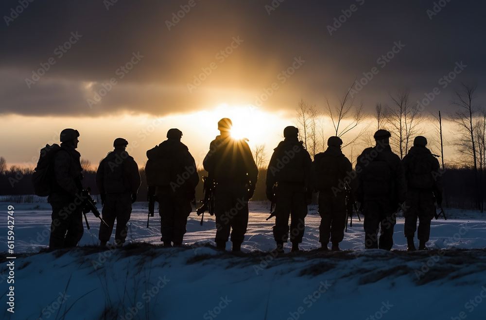 A squad of soldiers walking in a snowy landscape silhouetted against the rising sun.  Generative AI.