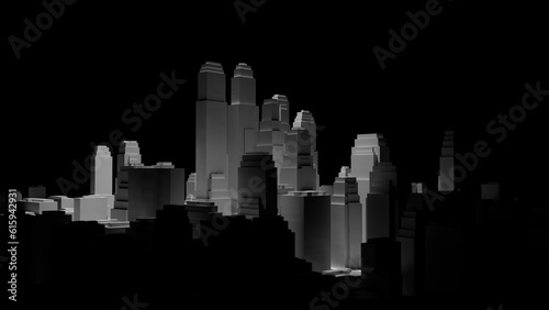 The middle of the 3d city is illuminated by a spotlight and around it is dark. 3d illustration. The concept of urban life and construction