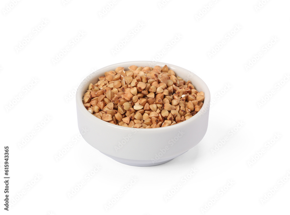 Buckwheat groats in whitebowl isolated on white background. Buckwheat groats in whitebowl isolated on white background.