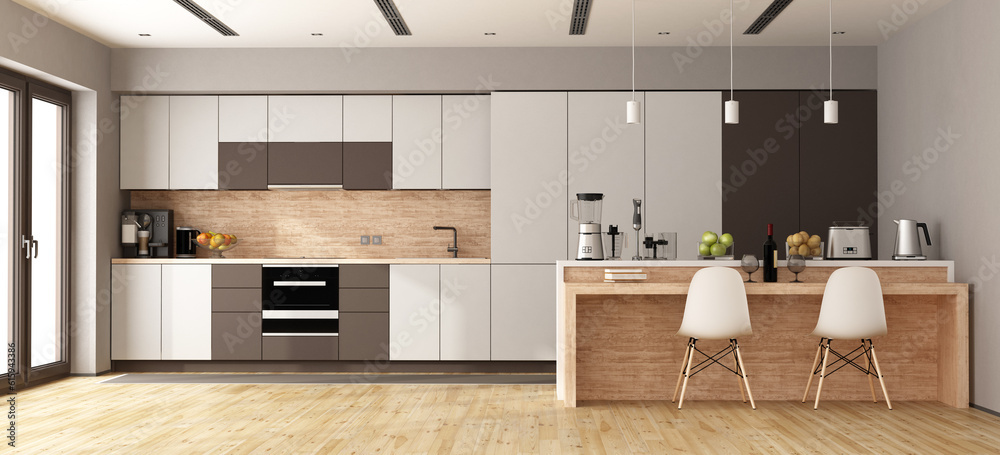 White and brown modern kitchen with wooden island - 3d rendering White and brown modern kitchen with wooden island - 3d rendering