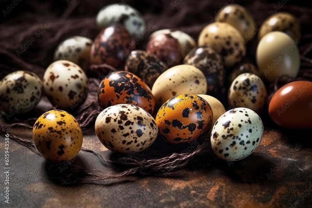 Obraz premium quail eggs on a wooden table. AI generated