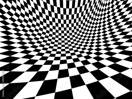 Abstract illusion. Geometric background with checkered texture of black and white colors. 3d render