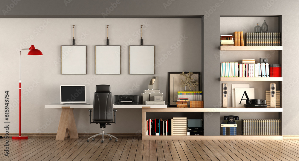 Modern home workplace with desk and bookcase - 3d rendering Modern home workplace with desk and bookcase - 3d rendering