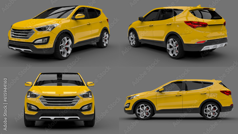 Set compact city crossover yellow color on a gray background. 3d rendering