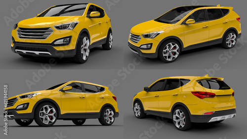 Set compact city crossover yellow color on a gray background. 3d rendering