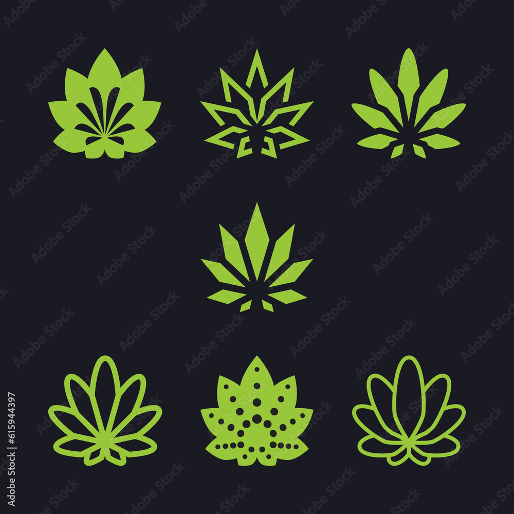 Illustration cannabis symbol as a collection on a black background. Illustration cannabis symbol as a collection on a black background.