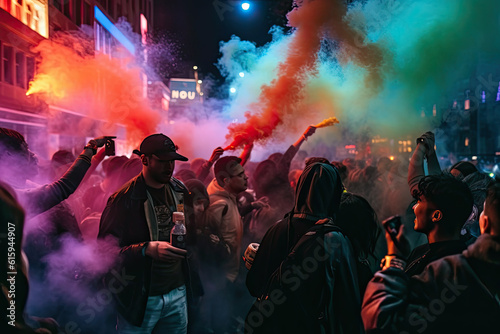 people in the street with colored smoke coming from their faces and hands, as part of an anti - riot © Golib Tolibov