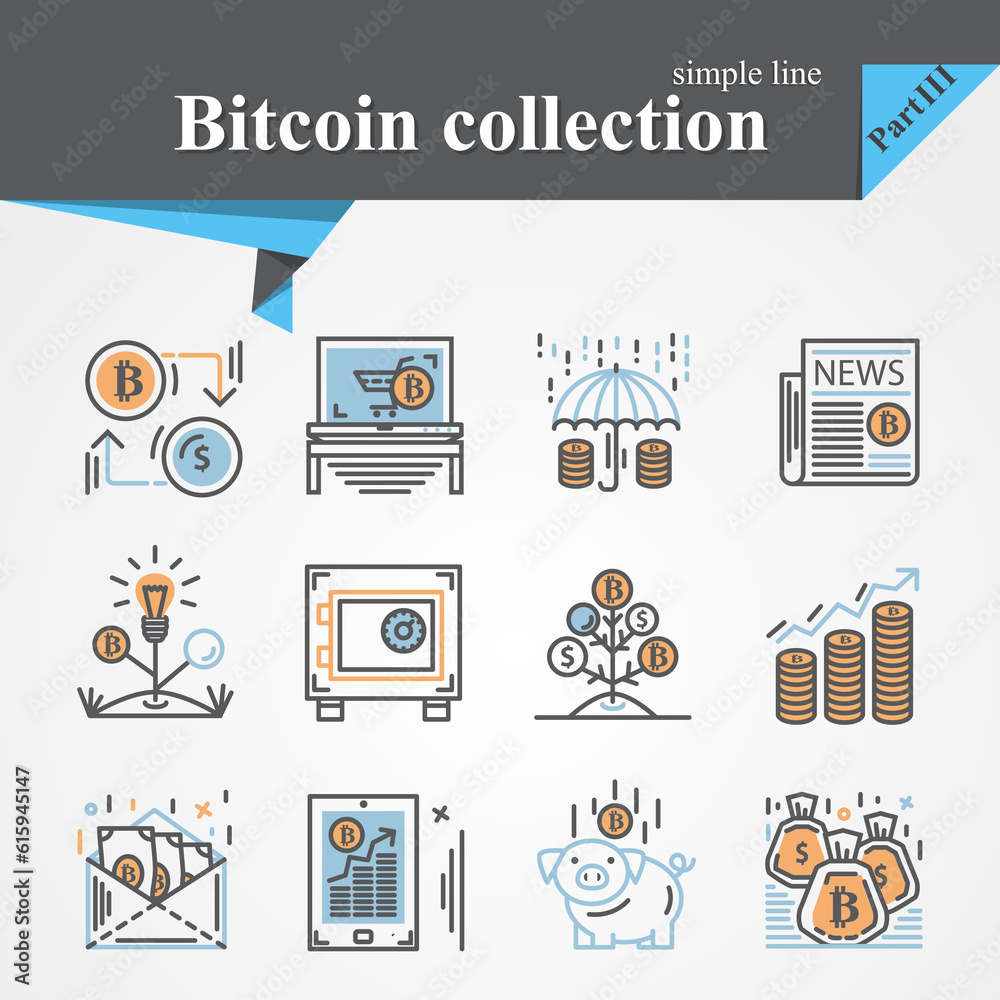 Bitcoin outline and flat trendy icon set isolated on a white background.Modern of thin line and flat icons collection .Linear trendy symbols set.Premium qualityCryptocurrency,blockchain.PartIII