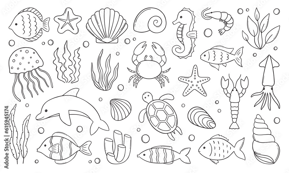 Sea life doodle set. Marine life elements. Sea animals, fish, shrimp, algae, corals, turtle, dolphin in sketch style. Hand drawn vector illustration isolated on white background Sea life doodle set. Marine life elements. Sea animals, fish, shrimp, algae, corals, turtle, dolphin in sketch style. Hand drawn vector illustration isolated on white background