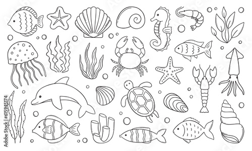 Sea life doodle set. Marine life elements. Sea animals, fish, shrimp, algae, corals, turtle, dolphin in sketch style. Hand drawn vector illustration isolated on white background