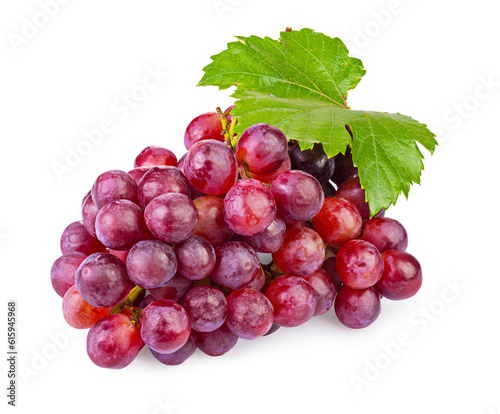 bunch of ripe red grapes with leaves isolated on white background