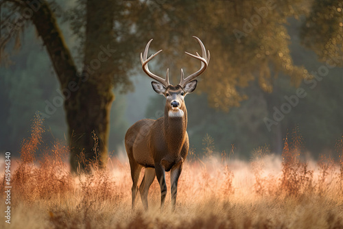 a deer standing in the middle of a field with tall brown grass and trees in the background is blurry