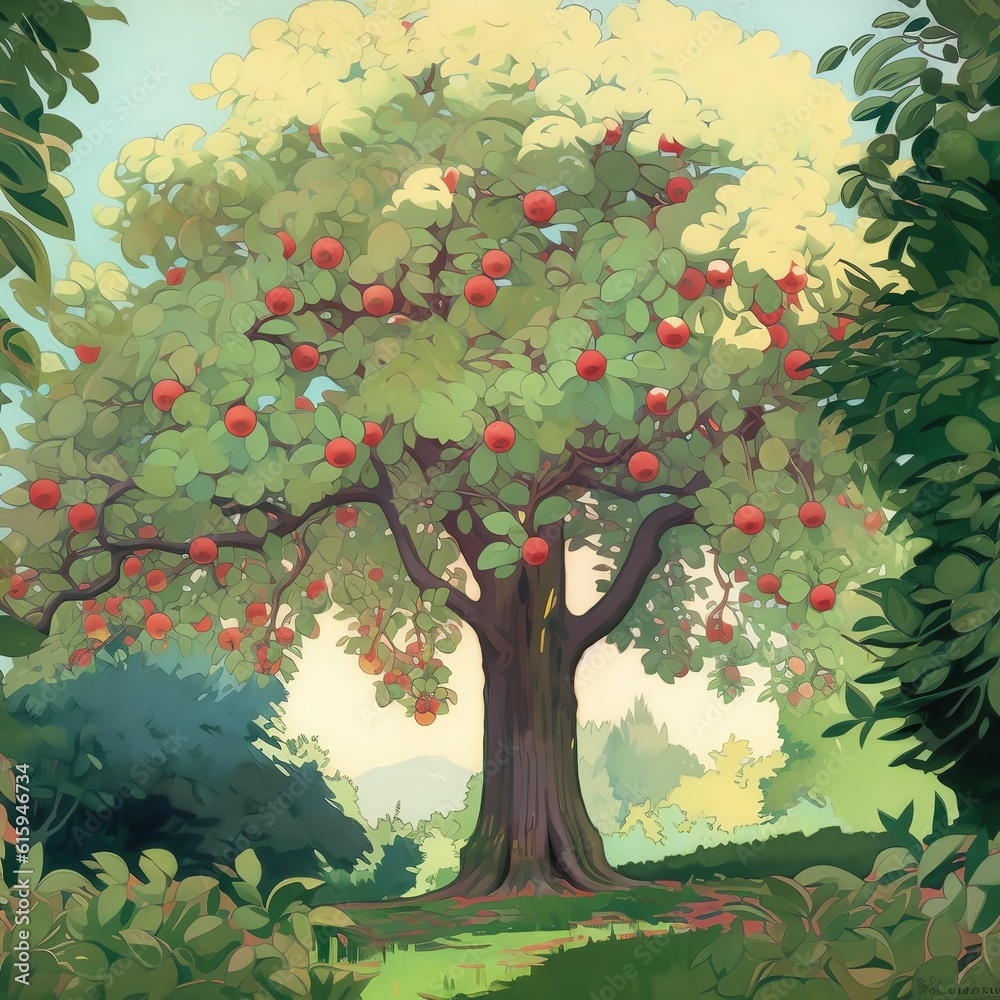 Fototapeta premium Bountiful summer apple tree; a generative AI created illustration.