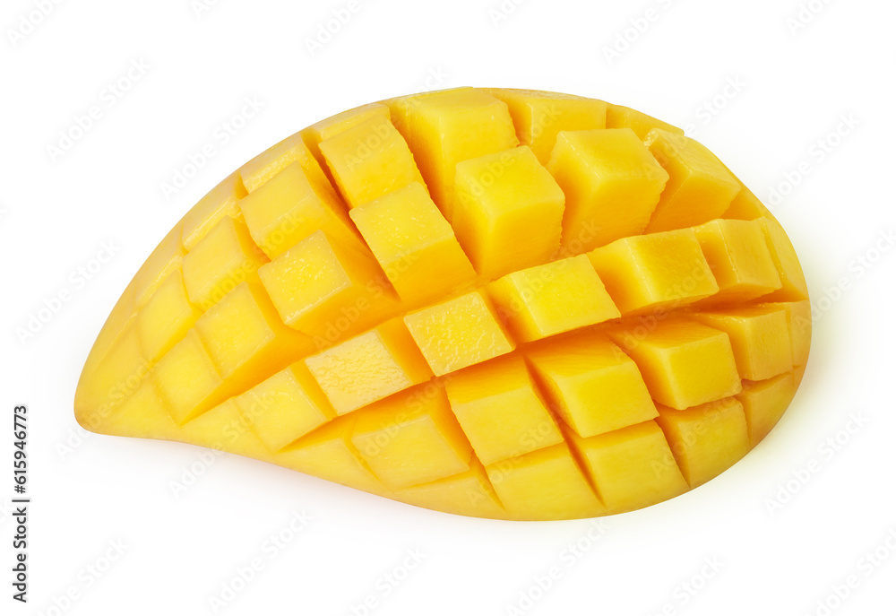 Mango slice cut to cubes isolated on white background. Clipping path included. Mango slice cut to cubes isolated on white background. Clipping path included.