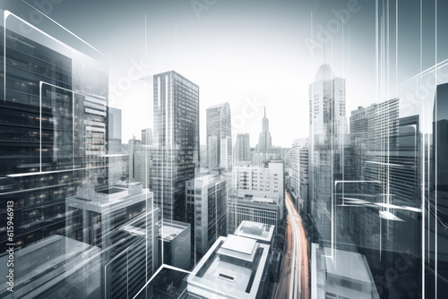 an urban city with skyscrapers and buildings in the foregrounded image is used as a background stock photo