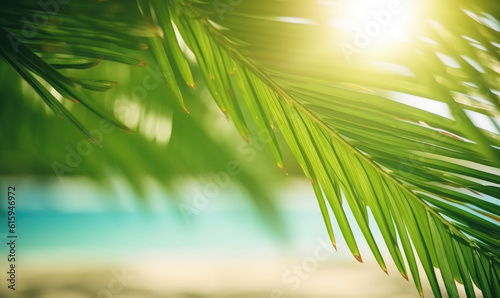 Photo of sun rays passing through the lush green palm tree leaves, beach summer concept, background © STORYTELLER