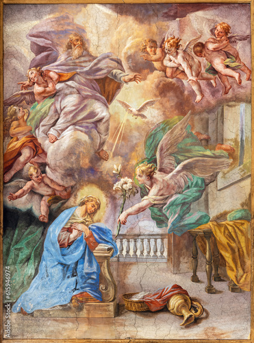 NAPLES, ITALY - APRIL 20, 2023: The fresco of Annunciation in church Basilica di Santa Maria degli Angeli a Pizzofalcone by Giovan Battista Beinaschi (1668-1675).