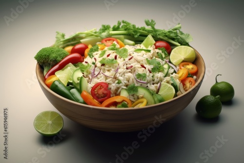 Delicious rice salad bowl filled with a colorful array of fresh vegetables, herbs, and grains, highlighting the healthy and nutritious aspects of a balanced meal. Generative AI