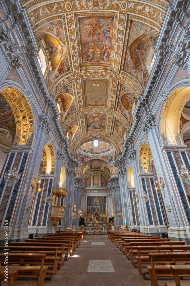 NAPLES, ITALY - APRIL 20, 2023: The nave of baroque church Basilica di Santa Maria degli Angeli a Pizzofalcone.
