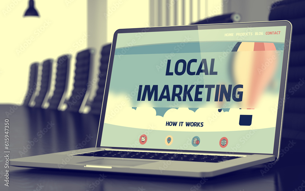 Local Imarketing. Closeup Landing Page on Mobile Computer Screen. Modern Conference Hall Background. Blurred Image. Selective focus. 3D.