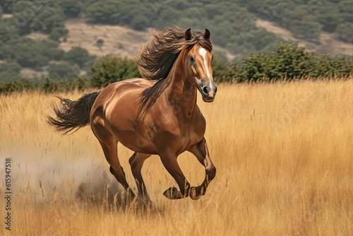 a horse running through tall grass in an open field with hills in the distance and trees on the hill behind © Golib Tolibov