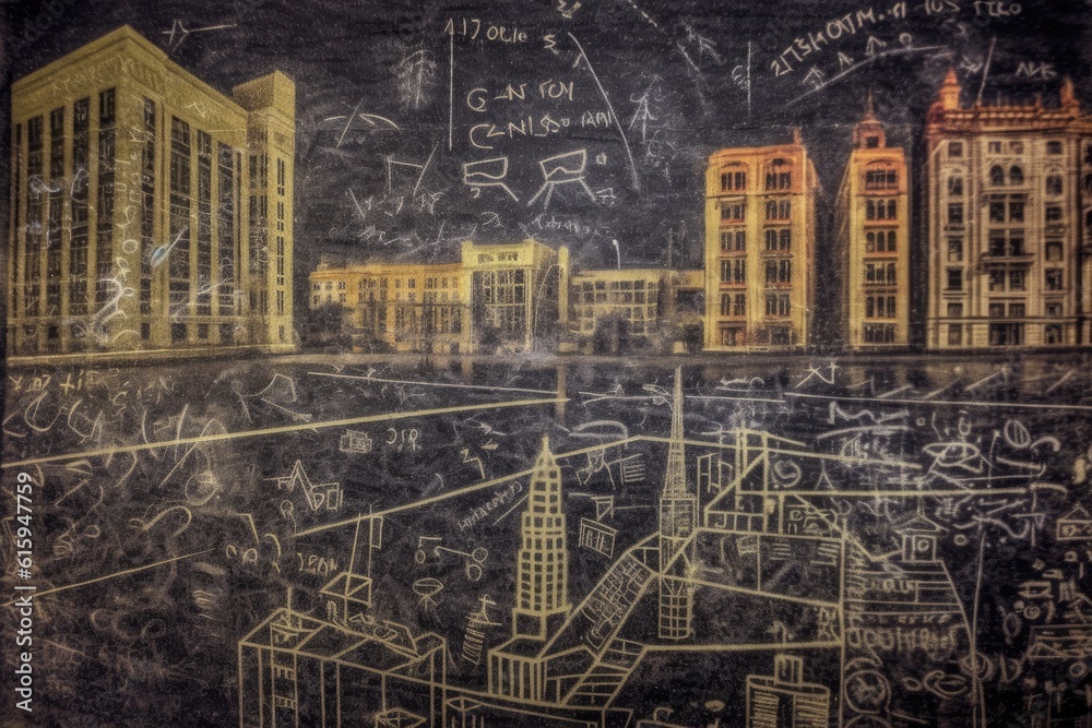 Fototapeta premium An close - up shot of a chalkboard, where mathematical formulas evolve into a detailed cityscape drawing. Generative AI