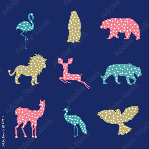 Animals set. Wild animal collection isolated. Flamingo, humster, bear, lion, doe, pantera, llama, peacock, bird © Veranika