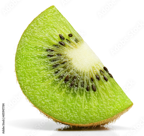 Ripe slice of kiwi fruit stand isolated on white background with shadow