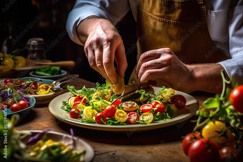 someone putting a piece of bread into a salad on a plate with vegetables and tomatoes in the background is blurred